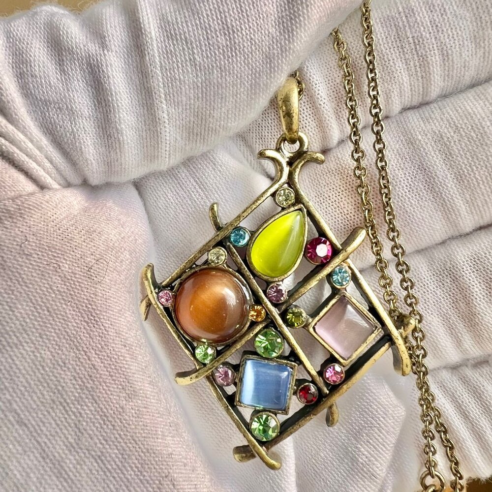 Vintage Lia Sophia Multicolor Crystal Pendant Necklace, Bronze Tone Necklace